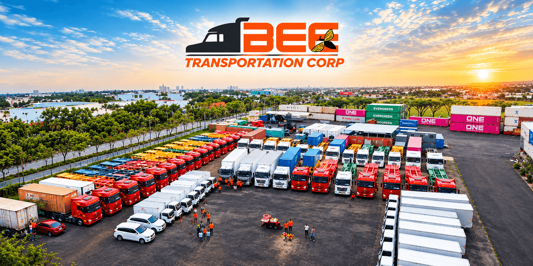 A container yard at the port, with terminal tractors drawing containers off the stack